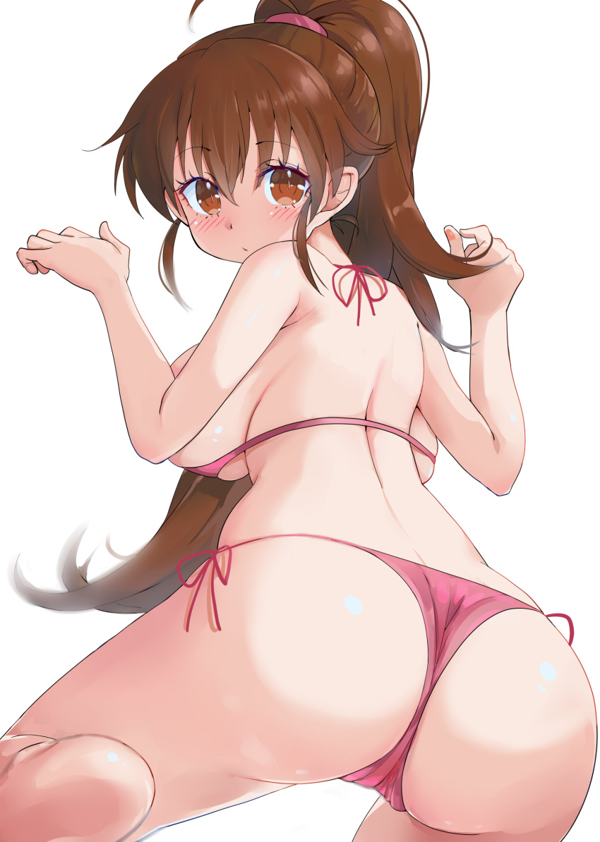 absurdres ass backboob bare_shoulders barefoot bikini blush breasts brown_eyes brown_hair closed_mouth female hair_between_eyes halterneck high_ponytail highres kntrs_(knyrs) large_breasts long_hair looking_at_viewer looking_back pink_bikini ponytail shiny_skin side-tie_bikini_bottom sideboob simple_background solo string_bikini swimsuit taneshima_popura thighs very_long_hair white_background working!!