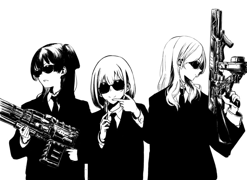 3girls bad_id bad_pixiv_id formal greyscale gun highres humanplushq idolmaster idolmaster_shiny_colors izumi_mei long_sleeves looking_at_viewer looking_away mayuzumi_fuyuko men_in_black monochrome multiple_girls necktie neuralyzer parody pointing rifle serizawa_asahi smile straylight_(idolmaster) suit sunglasses upper_body weapon