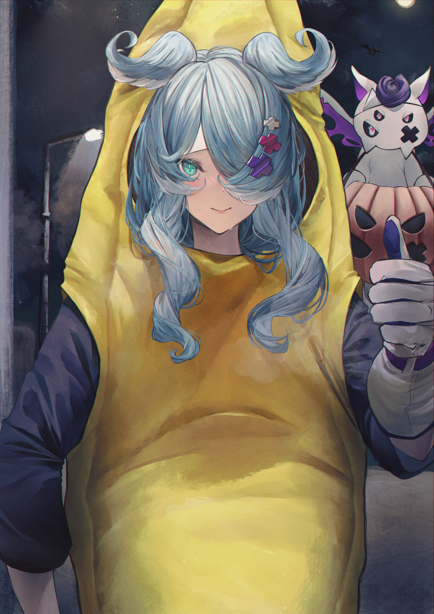 absurdres aqua_eyes banana banana_costume betabeet blue_hair blush costume elira_pendora female food fruit gloves hair_over_one_eye halloween halloween_bucket halloween_costume highres lamppost long_sleeves looking_at_viewer moon multicolored_hair night night_sky nijisanji nijisanji_en one_eye_covered outdoors pikl_(elira_pendora) purple_eyes sky streaked_hair sweat sweatdrop thumbs_up virtual_youtuber white_gloves