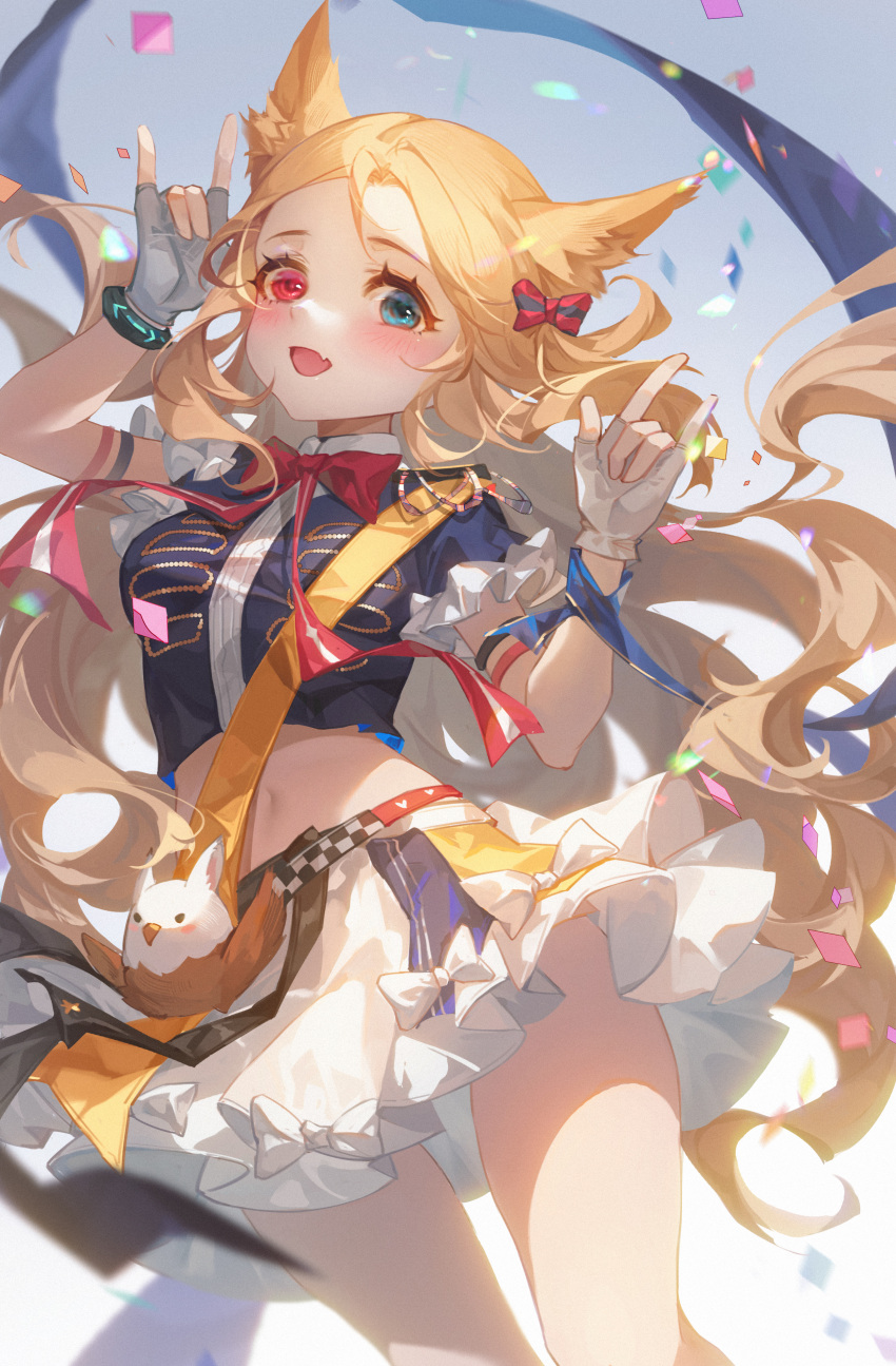 :d \m/ absurdres animal_ears archetto_(arknights) archetto_(publicity_strategy)_(arknights) arknights blonde_hair blue_eyes blue_jacket blush bow bowtie confetti creature cropped_jacket double_\m/ dutch_angle feet_out_of_frame female fingerless_gloves forehead frilled_sleeves frills gloves gradient_background grey_background hairbow heterochromia highres jacket long_hair looking_at_viewer midriff miniskirt navel oerba_yun_fang official_alternate_costume red_bow red_bowtie red_eyes short_sleeves skin_fang skirt smile solo standing stomach tuzhate very_long_hair white_bow white_gloves white_skirt