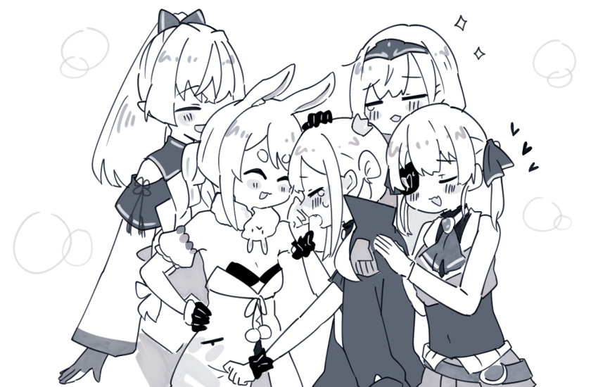 5girls animal_ears closed_eyes commentary covered_navel crown crying don-chan_(usada_pekora) eyepatch gloves greyscale hand_on_own_hip heads_together heart hololive hololive_fantasy houshou_marine houshou_marine_(1st_costume) jacket jacket_on_shoulders mini_crown monochrome multiple_girls pointy_ears ponytail rabbit_ears rabbit_girl sakana_(saka11205) shiranui_flare shiranui_flare_(old_design) shirogane_noel shirogane_noel_(1st_costume) smile sparkle tears thick_eyebrows tilted_headwear twintails uruha_rushia uruha_rushia_(3rd_costume) usada_pekora usada_pekora_(1st_costume) virtual_youtuber wrist_cuffs