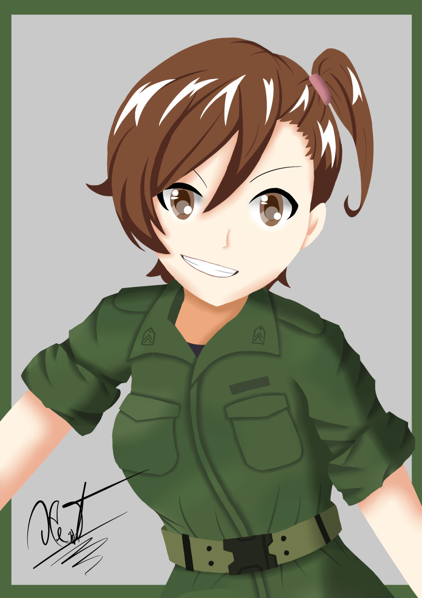 absurdres belt brown_eyes brown_hair female gate_-_jieitai_ka_no_chi_nite_kaku_tatakaeri grey_background grin hair_between_eyes heartcrafter highres kuribayashi_shino looking_at_viewer military military_uniform one_side_up outside_border self-upload short_hair side_ponytail signature simple_background smile solo uniform upper_body