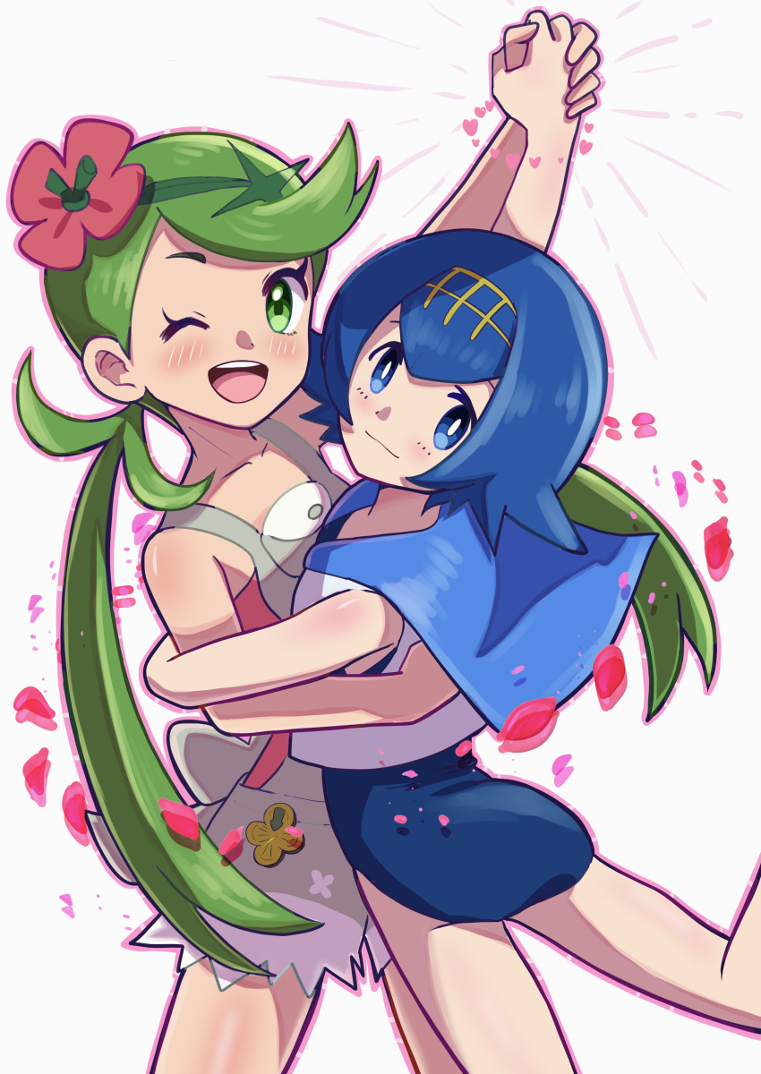 2girls absurdres ass back blue_eyes blue_hair blue_one-piece_swimsuit blue_sailor_collar blush bright_pupils dancing dark-skinned_female dark_skin flower green_eyes green_hair green_headband green_ribbons grey_overalls hair_flower hair_ornament hairband headband highres lana_(pokemon) long_hair mallow_(pokemon) multiple_girls one-piece_swimsuit one_eye_closed open_mouth overall_shorts overalls petals pink_flower pink_shirt pokemon pokemon_sm ribbon sailor_collar sheyona shirt short_hair simple_background sleeveless sleeveless_shirt smile swimsuit swimsuit_under_clothes twintails white_background white_pupils white_shirt yellow_hairband