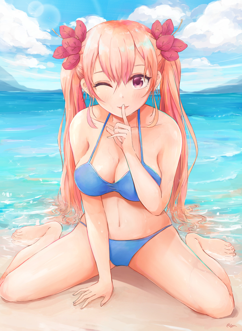 absurdres amano_erika beach between_legs bikini blue_bikini breasts cleavage cloud cloudy_sky collarbone day female finger_to_mouth flower hair_between_eyes hair_flower hair_ornament hand_between_legs highres in_water index_finger_raised kakkou_no_iinazuke large_breasts long_hair looking_at_viewer lygon ocean one_eye_closed outdoors parted_lips pink_eyes pink_hair sand sitting sky solo surf swimsuit twintails wariza water waves wet wet_hair