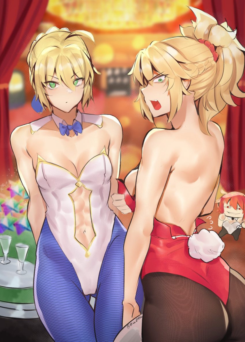 2girls abs absurdres ahoge annoyed artoria_pendragon_(fate) artoria_pendragon_(swimsuit_ruler)_(fate) artoria_pendragon_(swimsuit_ruler)_(fate)_(cosplay) ass ass_visible_through_thighs back blonde_hair bow bowtie breasts casino cleavage cosplay deccatezu evil_grin evil_smile fate/grand_order fate_(series) fujimaru_ritsuka_(female) green_eyes grin hair_ornament hair_scrunchie highres mordred_(fate) mordred_(fate/apocrypha) mother_and_daughter multiple_girls playboy_bunny red_eyes red_scrunchie saber_(fate) saint_quartz_(fate) scrunchie smile thigh_gap