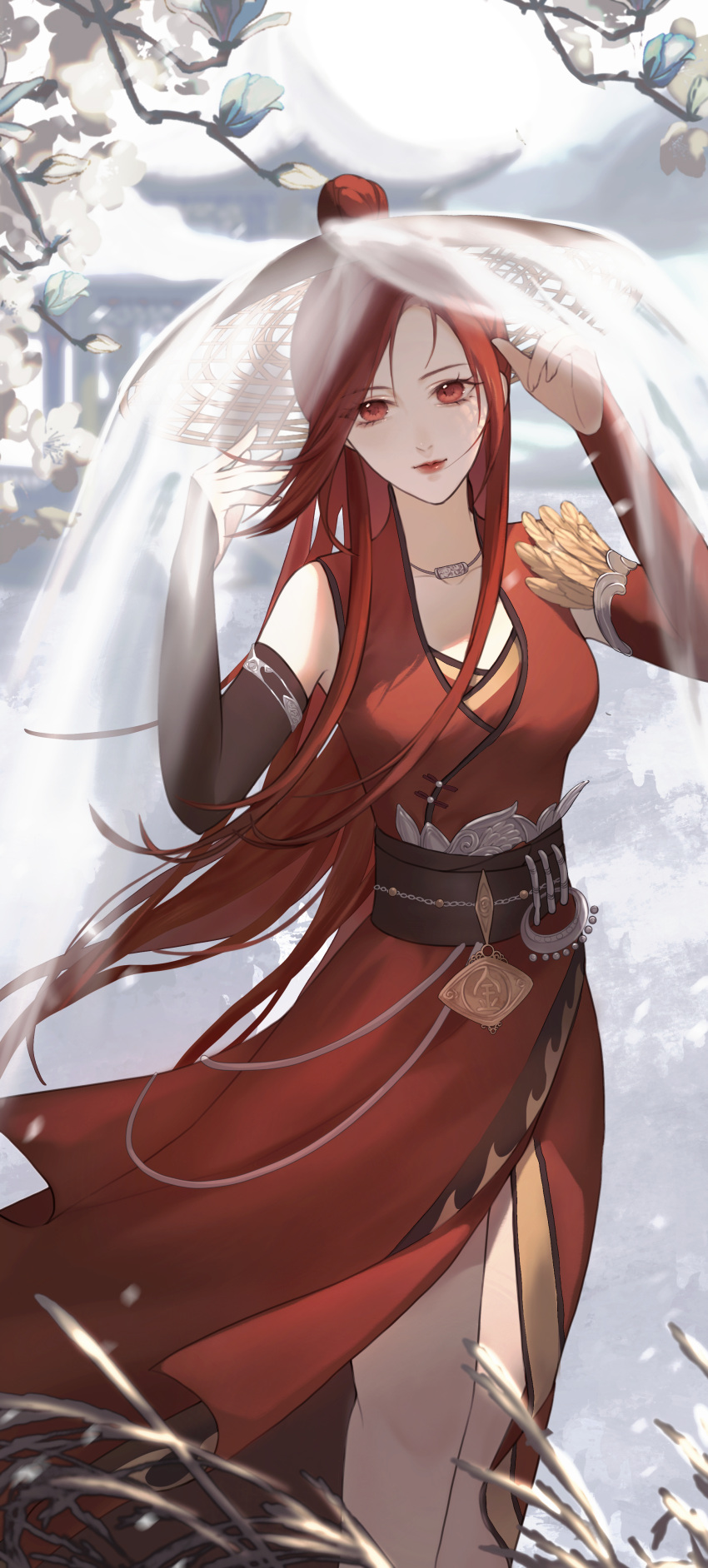 absurdres asymmetrical_sleeves bare_legs bi_ting_(xia_lan) building dress feathers female hair_bun highres mismatched_sleeves red_dress red_eyes red_hair reeds single_hair_bun sky snow upper_body veil weimao white_sky xia_lan xia_lan_bi_ting_chao_hua