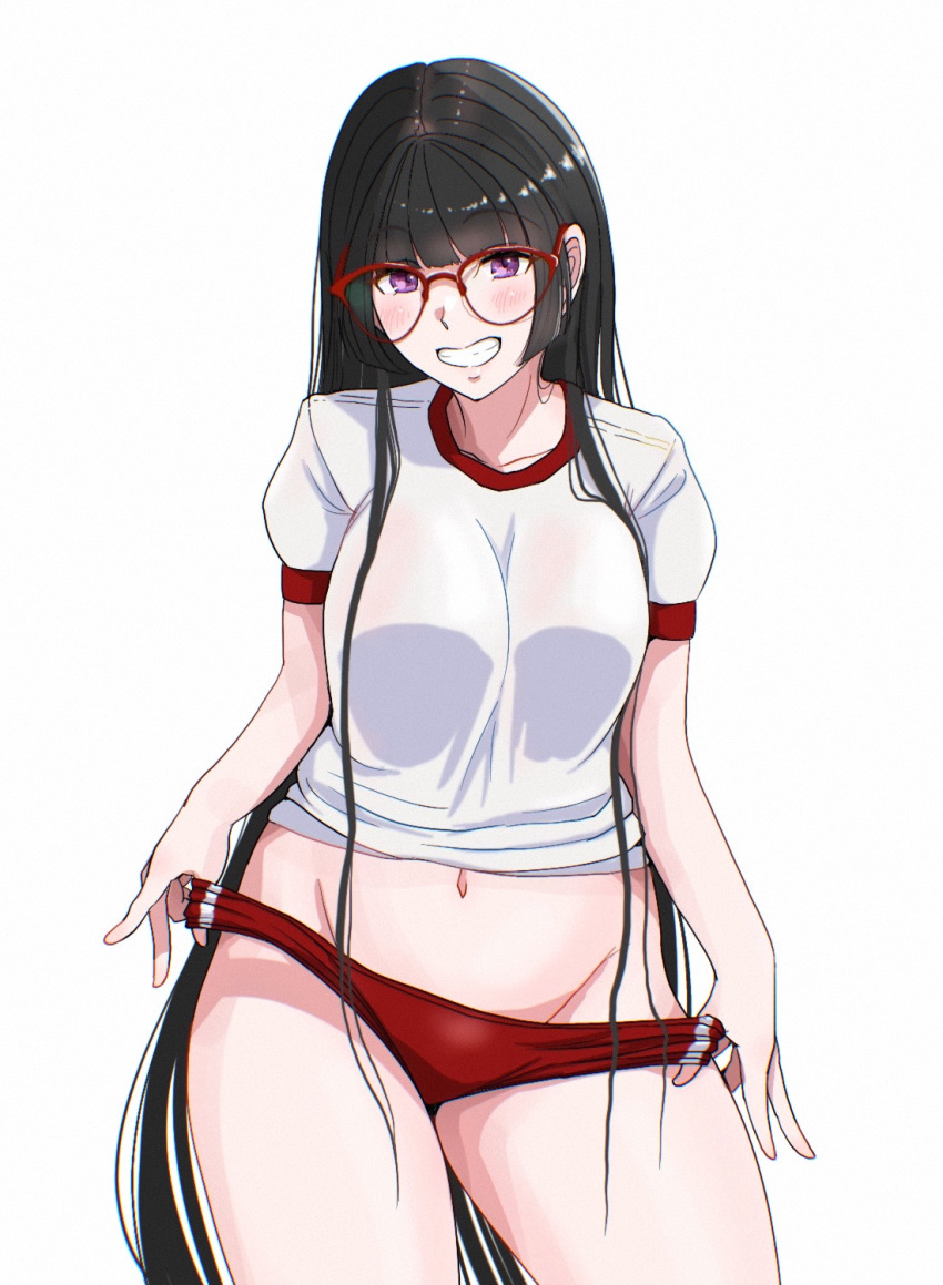 blush breasts brown_hair buruma cowboy_shot female glasses gym_uniform highres large_breasts long_hair looking_at_viewer navel original osage_gankyou red-framed_eyewear shirt shorts simple_background smile solo standing thighs very_long_hair white_background