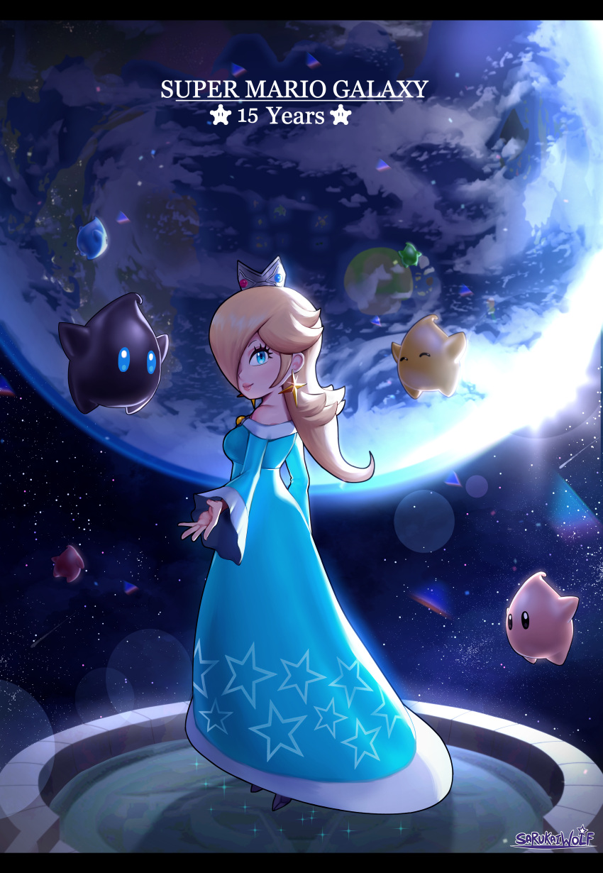 absurdres anniversary artist_name blonde_hair blue_dress blue_eyes copyright_name crown dress earth_(planet) female floating highres lens_flare long_dress looking_at_viewer looking_back luma_(mario) mario_(series) mini_crown outstretched_arm planet polari_(super_mario_galaxy) rosalina sarukaiwolf space star_(symbol) star_print strapless strapless_dress super_mario_galaxy