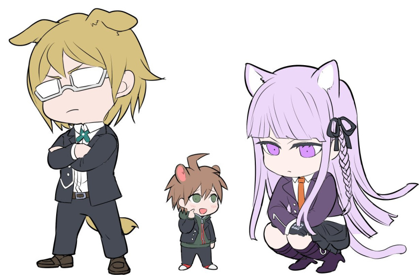 2boys :d ahoge animal_ears bad_id bad_twitter_id belt black_gloves black_jacket black_ribbon black_skirt blonde_hair blush boots braid brown_belt brown_eyes brown_footwear cat_ears cat_girl cat_tail closed_mouth danganronpa:_trigger_happy_havoc danganronpa_(series) dog_boy dog_ears dog_tail female glasses gloves hair_ribbon height_difference high_heel_boots high_heels jacket kirigiri_kyoko knee_boots kuangtai_(amami_ryoko) long_hair looking_at_another mouse_boy mouse_ears multiple_boys naegi_makoto necktie open_clothes open_jacket open_mouth orange_necktie pink_eyes purple_jacket ribbon semi-rimless_eyewear short_hair skirt smile squatting standing tail togami_byakuya