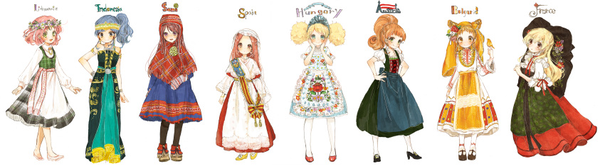 6+girls :o absurdres aikatsu! aikatsu!_(series) animal apron arisugawa_otome armlet austria austrian_flag bare_legs bird blonde_hair blue_eyes blue_hair blush boots bow bracelet braid brown_eyes brown_hair bulgaria bulgarian_clothes capelet closed_mouth commentary_request cone_hair_bun double_bun dress earrings embarrassed english_text expressionless floral_print flower flower_wreath france french_clothes frilled_apron frills full_body german_clothes green_eyes hair_bun hair_flower hair_ornament hairbow hand_on_own_hip hands_on_own_cheeks hands_on_own_face hands_on_own_hips hat head_wreath headdress headpiece high_heels highres holding holding_animal holding_bird hoshimiya_ichigo hungarian_clothes hungary indonesia indonesian_clothes jewelry kiriya_aoi kitaoji_sakura koedo kurisu_kokone lithuania lithuanian_clothes long_hair long_sleeves looking_at_viewer mittens multiple_girls no_socks open_mouth orange_hair otoshiro_noel pink_hair ponytail purple_eyes red_eyes ribbon saegusa_kii sami_clothes shibuki_ran shoes short_hair short_sleeves side_ponytail simple_background slavic_clothes sleeveless smile spain spanish_clothes thighhighs traditional_clothes twintails veil white_background yellow_eyes