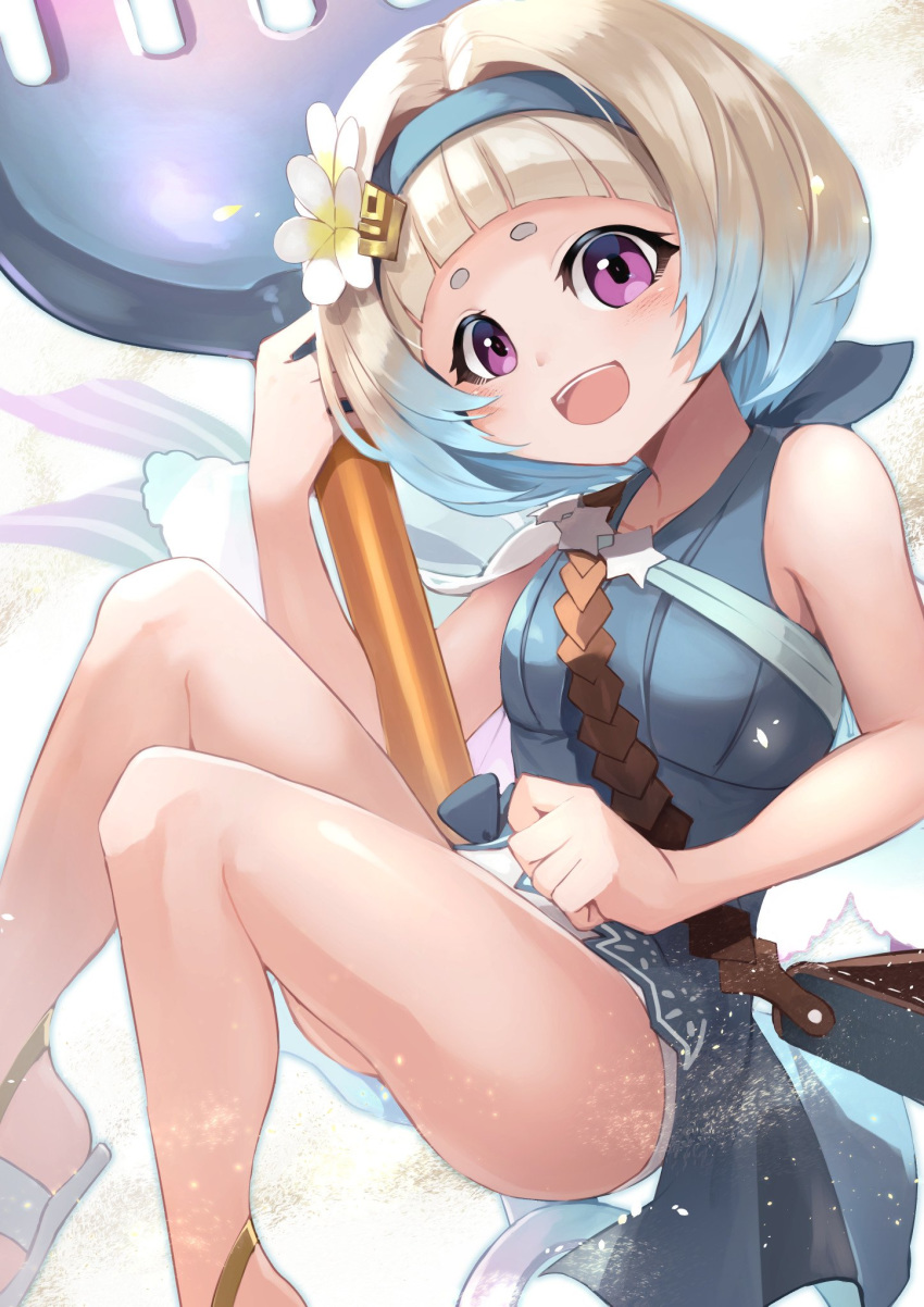 blue_eyes blue_hair commentary_request female fire_emblem fire_emblem_heroes gradient_hair highres looking_at_viewer multicolored_hair nakabayashi_zun open_mouth purple_eyes short_hair simple_background smile solo swimsuit thighs tiara water white_hair ylgr_(fire_emblem) ylgr_(summer)_(fire_emblem)