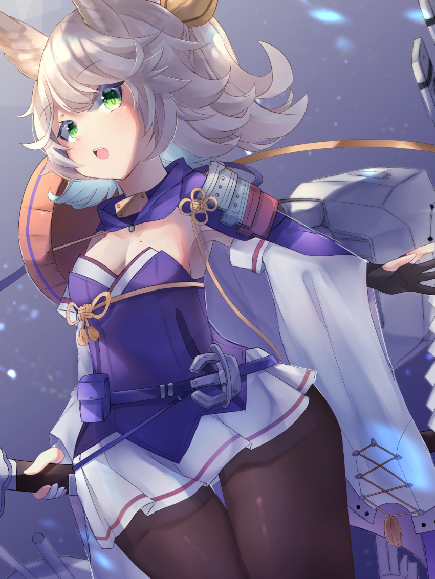 animal_ears armor armpits azur_lane black_pantyhose breasts commentary_request curly_hair detached_sleeves ebichiri_sunday female flat_chest green_eyes grey_hair highres holding holding_sword holding_weapon japanese_armor katana kitakaze_(azur_lane) long_sleeves looking_at_viewer miniskirt mole mole_on_breast open_mouth pantyhose pleated_skirt sheath sheathed shirt short_hair shoulder_armor skirt sode solo standing sword weapon white_shirt wide_hips wide_sleeves