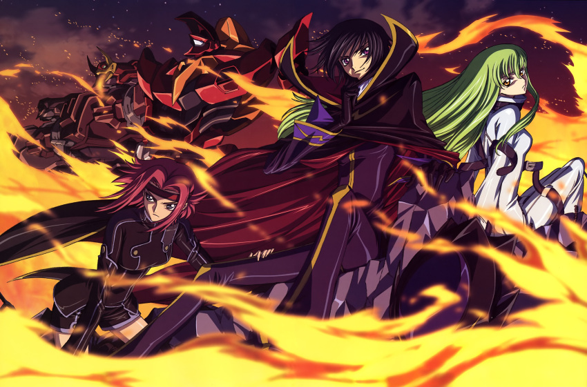 1boy 2girls absurdres black_hair c.c. code_geass fire green_hair guren_(code_geass) guren_mk-ii headband highres knightmare_frame kouzuki_kallen lelouch_vi_britannia long_hair mecha multiple_girls nakatani_seiichi official_art order_of_the_black_knights_uniform purple_eyes red_hair robot short_hair yellow_eyes