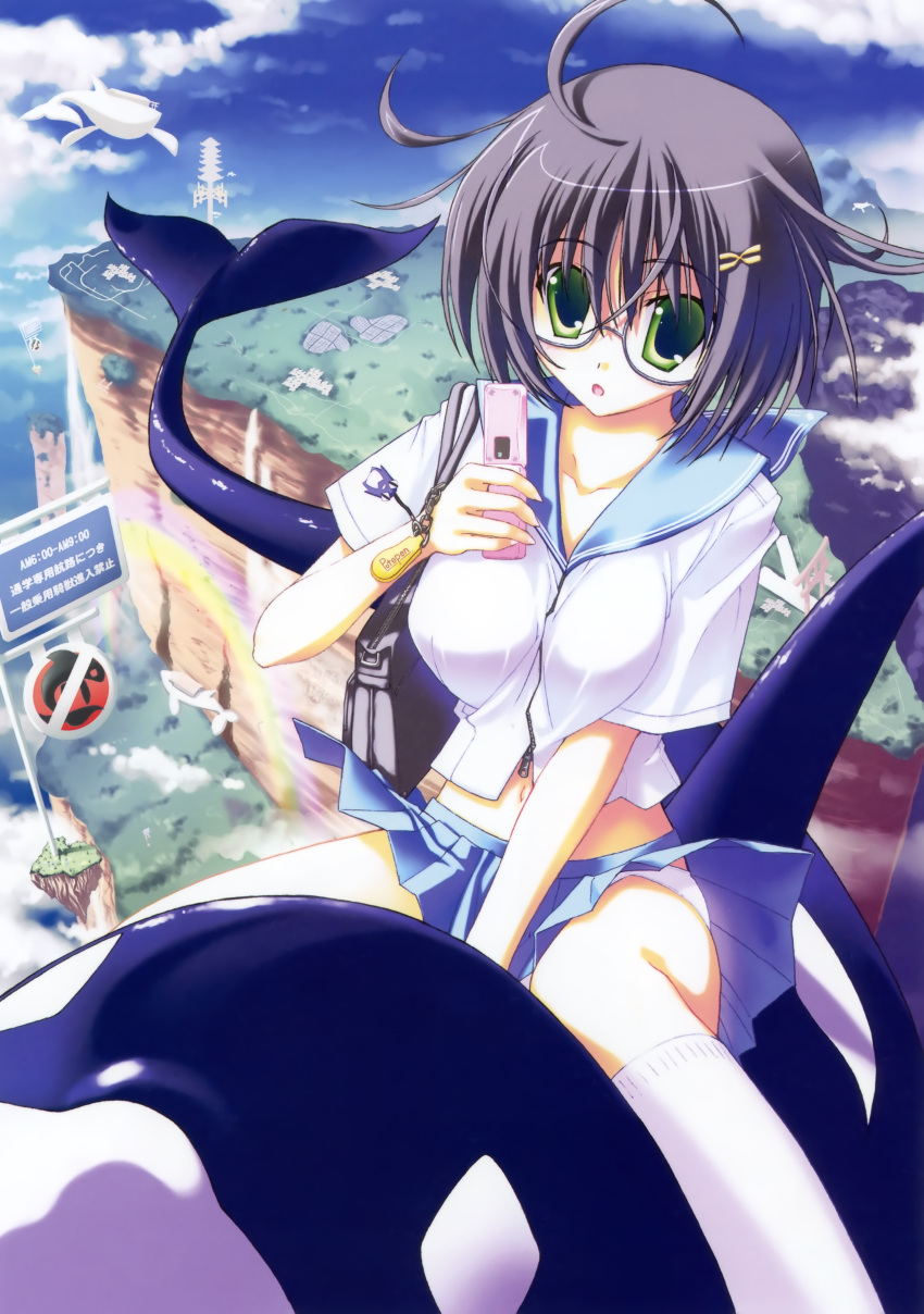 absurdres ahoge cellphone cliff day dolphin female floating flying flying_whale green_eyes grey_hair highres kneehighs nanao_naru orca original panties phone riding school_uniform serafuku short_hair sign socks underwear whale white_panties white_socks