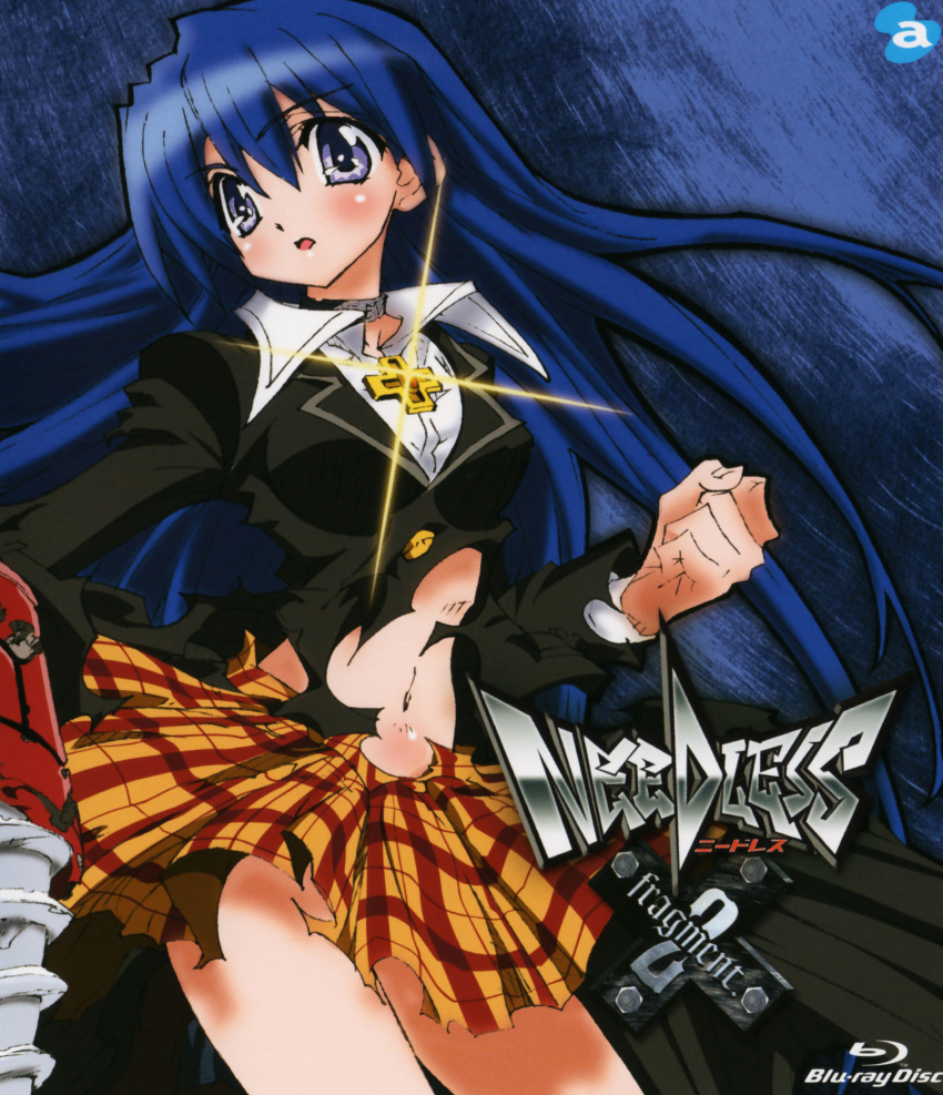 absurdres blue_eyes blue_hair disc_cover eve_neuschwanstein highres needless torn_clothes