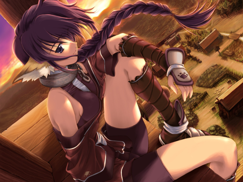 4:3 animal_humanoid bottomwear braided_hair breasts canid canid_humanoid canine canine_humanoid canis clothing collar dog_humanoid domestic_dog dutch_angle female game_cg hair hi_res high_place humanoid karura_(utawarerumono) leaf_(company) mammal mammal_humanoid ponytail scenic_view shorts sitting solo sunset utawarerumono wallpaper