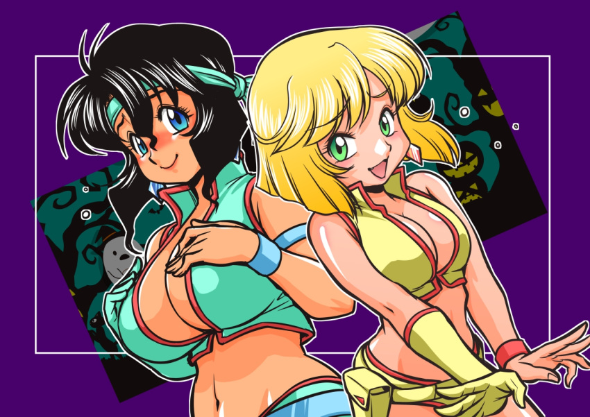 2girls :d aqua_gloves aqua_headband aqua_shorts aqua_vest armlet bad_id bad_pixiv_id bare_shoulders bare_tree belt black_hair blonde_hair blue_belt blue_bracelet blue_eyes blunt_ends blush bob_cut border breasts breasts_squeezed_together cleavage closed_mouth commentary cosplay cowboy_shot dark-skinned_female dark_skin dirty_pair dutch_angle earrings eyelashes ghost gloves green_eyes gunsmith_cats hair_between_eyes halloween halloween_costume hands_on_own_chest hat inverted_bob jack-o'-lantern jewelry kei_(dirty_pair) kei_(dirty_pair)_(cosplay) koshou_shoushou+kinsho large_breasts looking_at_viewer medium_breasts midriff minnie_may_hopkins multiple_girls navel nose_blush oerba_yun_fang open_mouth outline outside_border own_hands_together pink_bracelet plunging_neckline popped_collar purple_background raised_eyebrows rally_vincent short_hair short_shorts shorts sidelocks single_glove smile spread_fingers swept_bangs tan tree v_arms vest wavy_hair white_border white_outline witch_hat yellow_belt yellow_gloves yellow_shorts yellow_vest yuri_(dirty_pair) yuri_(dirty_pair)_(cosplay)