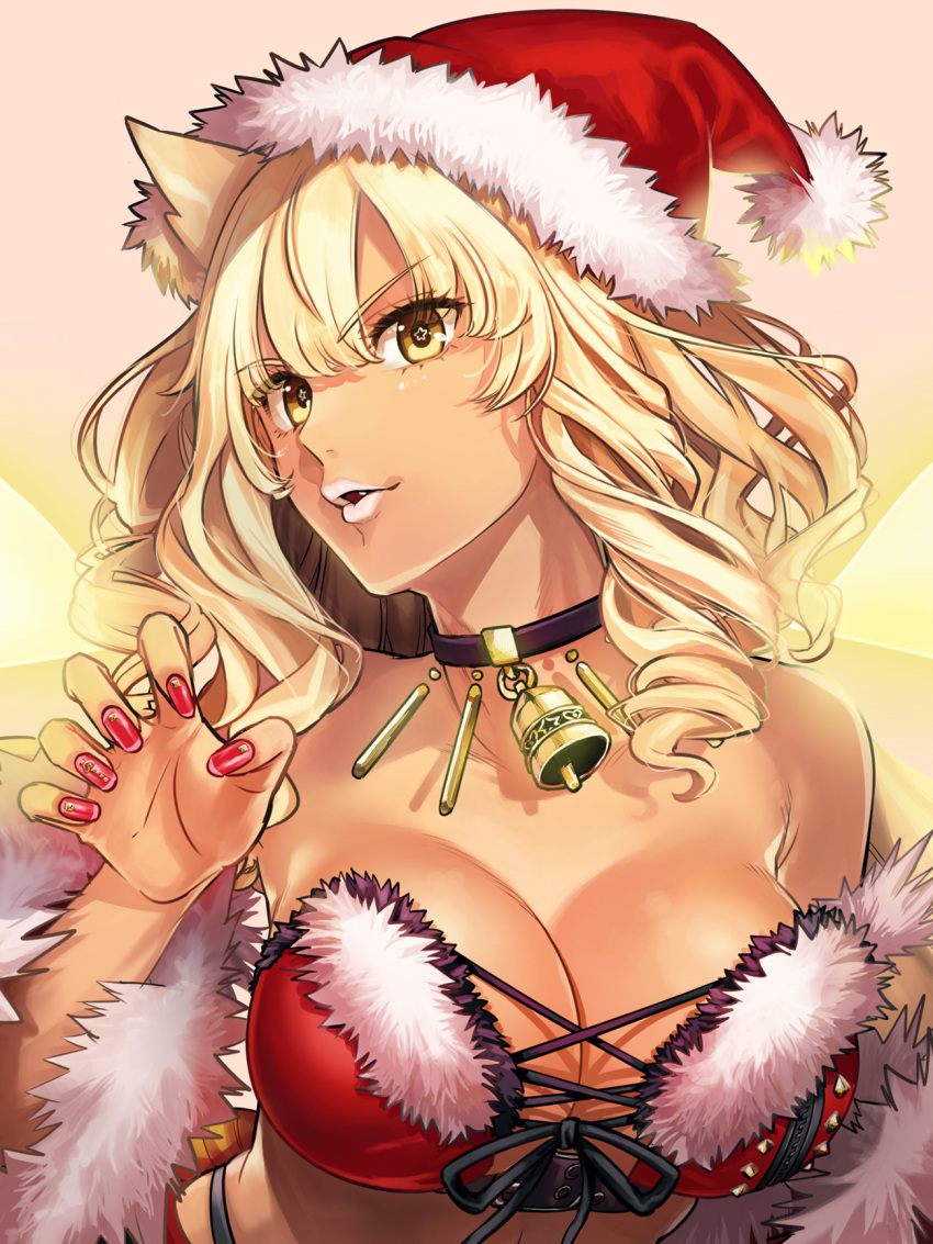 animal_ear_fluff animal_ears bare_shoulders bell blonde_hair breasts cleavage collarbone dark-skinned_female dark_skin detached_sleeves energy_wings fate/grand_order fate/grand_order_arcade fate_(series) female fox_ears fox_girl fur_trim hat highres large_breasts long_hair looking_at_viewer neck_bell parted_lips red_hat santa_costume santa_hat smile solo suzuka_gozen_(fate) suzuka_gozen_(santa)_(fate) takenoko_seijin tan wide_sleeves yellow_eyes