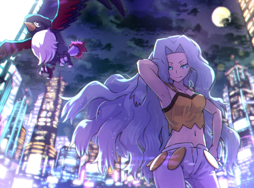 bird breasts building camisole capri_pants city closed_mouth cloud commentary_request eyelashes female floating_hair full_moon green_eyes grey_hair hand_on_own_hip honchkrow karen_(pokemon) kotobukkii_(yt_lvlv) long_hair looking_down midriff moon navel night outdoors pants pokemon pokemon_(creature) pokemon_hgss shirt sky sleeveless sleeveless_shirt smile wavy_hair white_pants yellow_camisole yellow_shirt