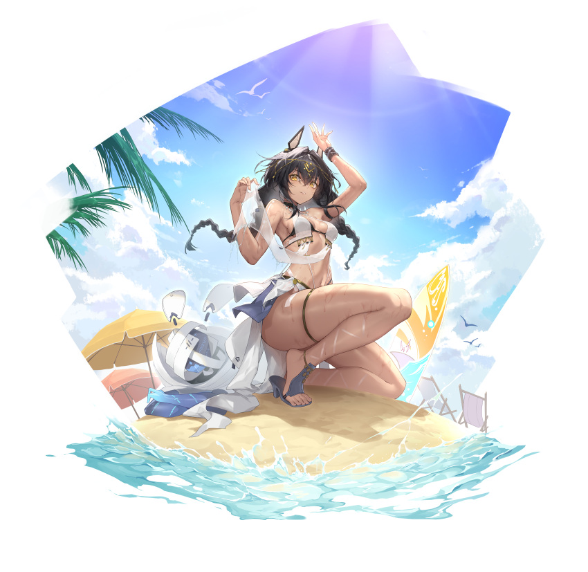 absurdres animal_ears backlighting beach beach_chair beach_umbrella bikini black_bikini black_hair breasts cloud cloudy_sky dark-skinned_female dark_skin day fake_animal_ears female hair_ornament highres long_hair looking_at_viewer mauxir_(snowbreak) mechanical_ears mole mole_under_eye official_alternate_costume official_art on_one_knee outdoors parted_lips sandals sarong shadow shanyao_jiang_tororo sideboob skindentation sky small_breasts snowbreak:_containment_zone solo strappy_heels swimsuit thigh_strap thighs umbrella water water_drop white_sarong yellow_eyes