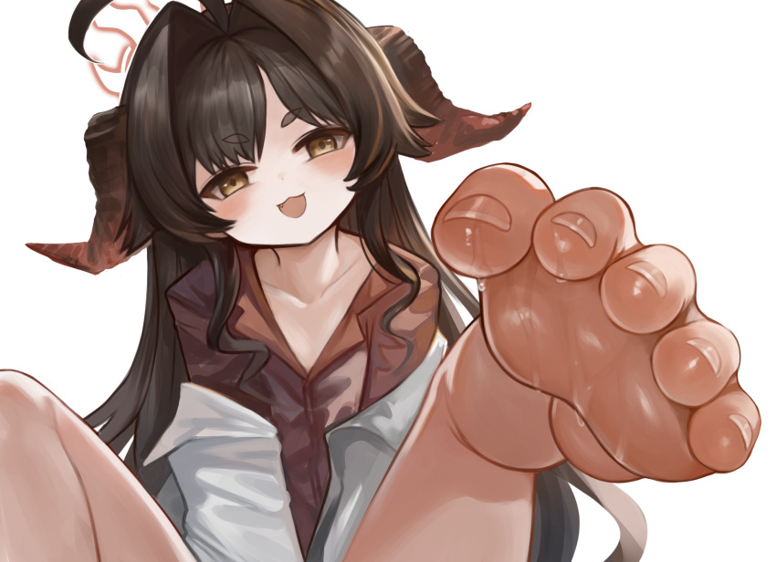 ahoge bare_legs barefoot blue_archive blush brown_hair close-up demon_horns dokomon feet female foot_focus hair_intakes halo head_tilt highres horns kasumi_(blue_archive) lab_coat leg_up looking_at_viewer open_collar red_shirt shirt simple_background smile soles solo sweat toes white_background