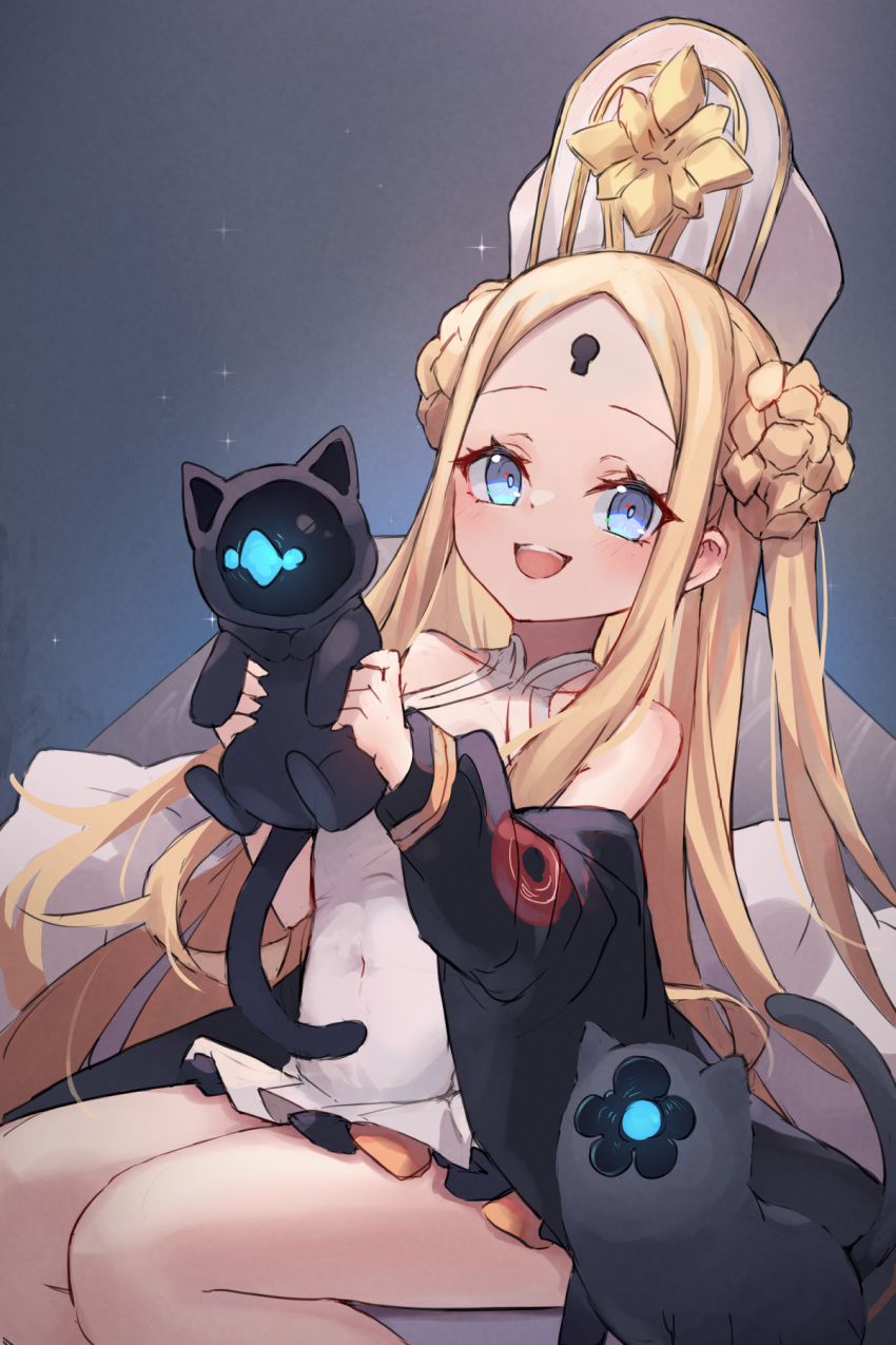 abigail_williams_(fate) abigail_williams_(swimsuit_foreigner)_(fate) abigail_williams_(swimsuit_foreigner)_(second_ascension)_(fate) bare_shoulders black_bow black_cat black_jacket blonde_hair blue_eyes blush bow braid braided_bun breasts double_bun dress_swimsuit fate/grand_order fate_(series) feline female forehead hair_bun hat highres jacket keyhole long_hair looking_at_viewer mitre miya_(miyaruta) off_shoulder one-piece_swimsuit open_mouth orange_bow parted_bangs sidelocks sitting small_breasts smile swimsuit thighs twintails very_long_hair white_headwear white_one-piece_swimsuit