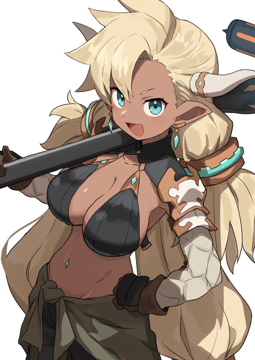 absurdres almeida_(granblue_fantasy) asymmetrical_bangs bikini blonde_hair blue_eyes breasts cleavage clothes_around_waist cowboy_shot dark-skinned_female dark_skin draph earrings female gazacy_(dai) gloves granblue_fantasy highres horns jewelry large_breasts linea_alba long_hair looking_at_viewer midriff navel navel_piercing open_mouth over_shoulder piercing pointy_ears shirt shirt_around_waist shrug_(clothing) smile solo swimsuit very_long_hair weapon weapon_over_shoulder white_background