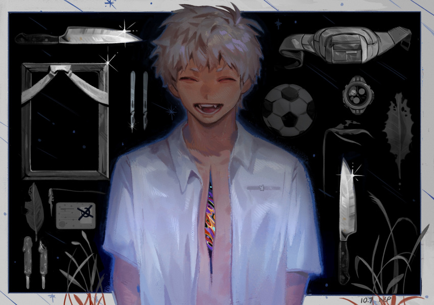 1boy ^_^ arms_at_sides bedemientay1802 border closed_eyes collared_shirt dated empty_picture_frame facing_viewer fangs fanny_pack grass grey_hair highres hikaru_(hikaru_ga_shinda_natsu) hikaru_ga_shinda_natsu hole_on_body id_card iei knife leaf male_focus monster_boy open_clothes open_mouth open_shirt outside_border partially_colored picture_frame scalpel school_uniform shirt short_hair short_sleeves solo upper_body watch white_shirt wristwatch