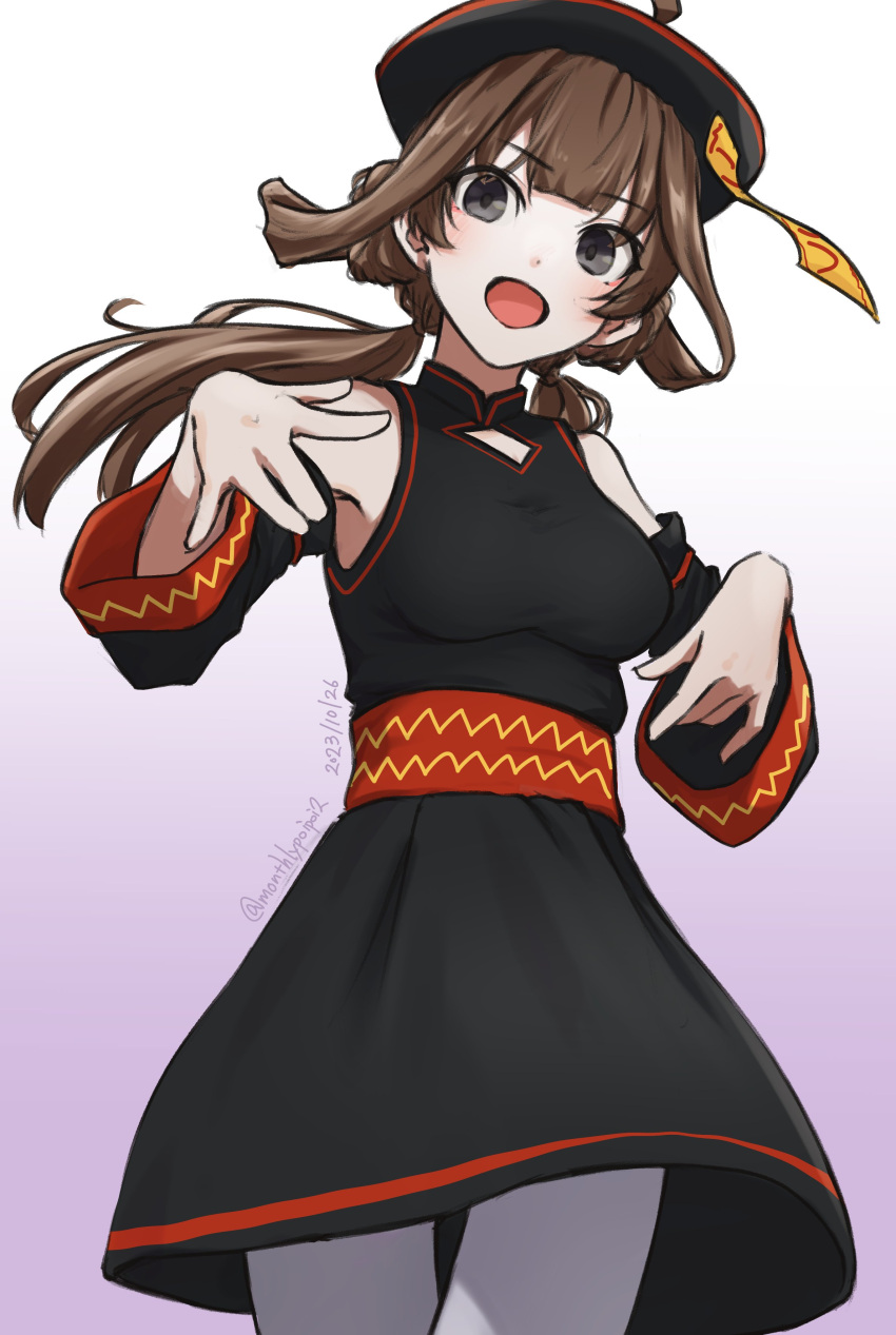 absurdres alternate_costume alternate_hairstyle black_dress black_eyes black_hat breasts brown_hair commentary_request detached_sleeves dress female gradient_background hat highres jiangshi kantai_collection kongou_(kancolle) long_hair looking_at_viewer low_twintails medium_breasts ofuda open_mouth simple_background sleeveless sleeveless_dress solo twintails umibudou