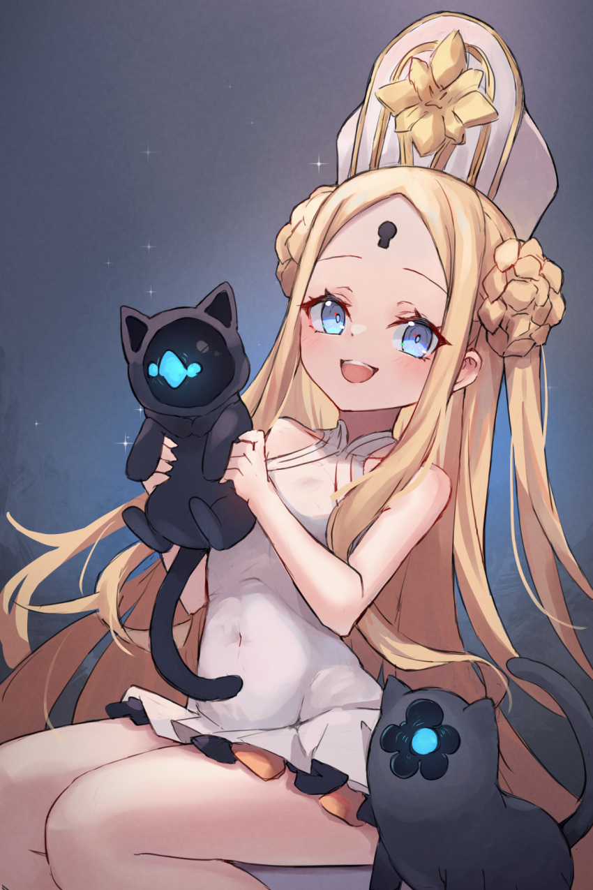 abigail_williams_(fate) abigail_williams_(swimsuit_foreigner)_(fate) abigail_williams_(swimsuit_foreigner)_(second_ascension)_(fate) bare_shoulders black_bow black_cat blonde_hair blue_eyes blush bow braid braided_bun breasts double_bun dress_swimsuit fate/grand_order fate_(series) feline female forehead hair_bun hat highres keyhole long_hair looking_at_viewer mitre miya_(miyaruta) one-piece_swimsuit open_mouth orange_bow parted_bangs sidelocks sitting small_breasts smile swimsuit thighs twintails very_long_hair white_headwear white_one-piece_swimsuit