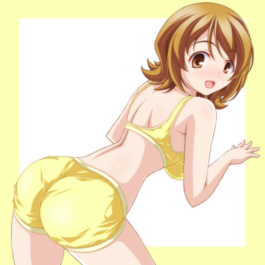 ass back blush female from_behind happinesscharge_precure! highres kikuchi_tsutomu leaning_forward looking_at_viewer looking_back loungewear medium_hair oomori_yuuko open_mouth precure short_shorts shorts smile solo sports_bra standing yellow_shorts yellow_sports_bra