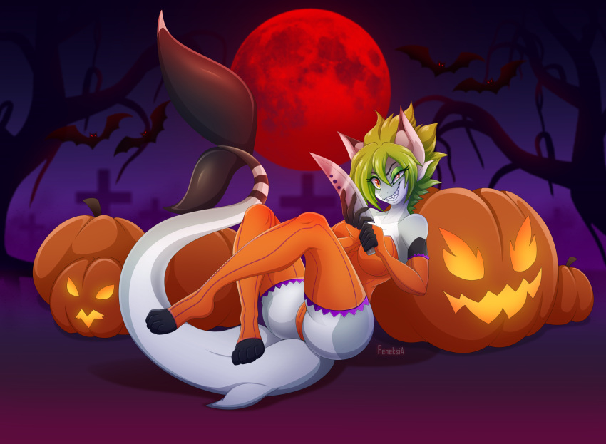 absurd_res ambient_bat ambient_flier anthro bat female feneksia fish food fruit halloween hi_res holidays knife mammal marine mask moon octavio-monstero plant pumpkin shark sinister solo