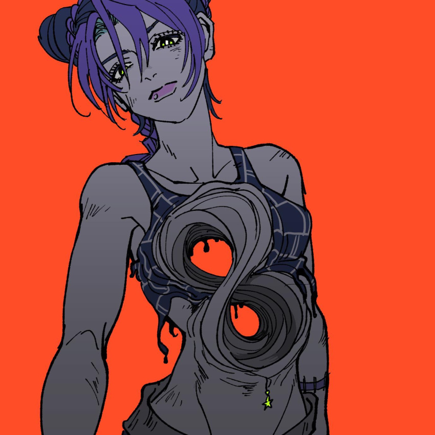 arm_tattoo braid breasts commentary_request crop_top double_bun eyebrows_hidden_by_hair female frown green_eyes groin hair_bun highres jojo_no_kimyou_na_bouken kujo_jolyne limited_palette medium_breasts mobius_strip navel_piercing piercing purple_hair red_background single_braid solo star_(symbol) stone_ocean tattoo upper_body yonchi