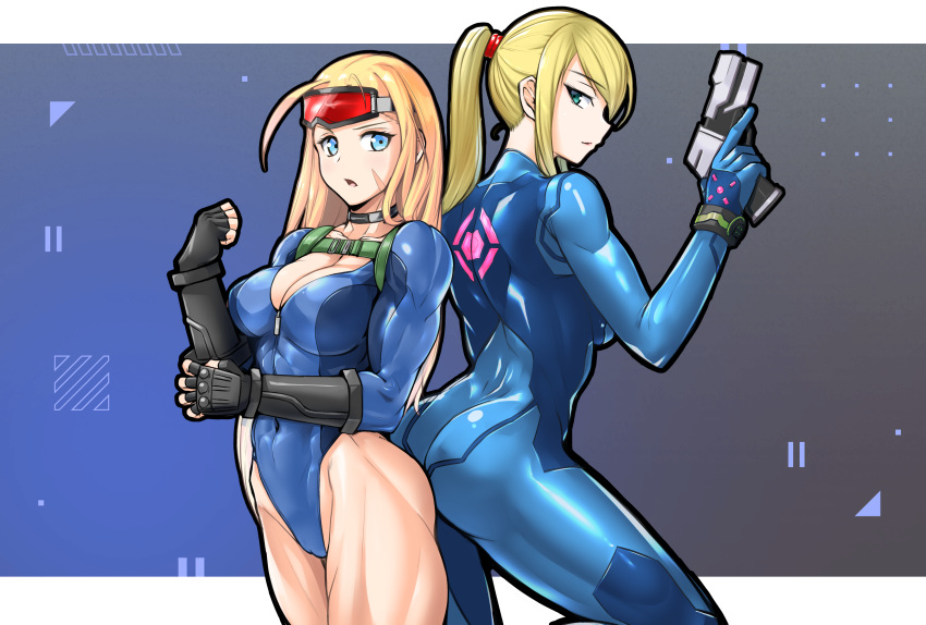 2girls absurdres aegis_(nerocc) ass-to-ass back-to-back black_gloves black_wristband blonde_hair blue_bodysuit blue_eyes bodysuit breasts cammy_white cleavage collarbone commission cowboy_shot crossover elbow_gloves eyewear_on_head fingerless_gloves gloves goggles goggles_on_head gun high_ponytail highres holding holding_gun holding_weapon long_hair looking_at_another looking_at_viewer metroid multiple_girls muscular muscular_female pixiv_commission plunging_neckline ponytail psd_available samus_aran scar scar_on_cheek scar_on_face sleeved_leotard street_fighter street_fighter_v thighs weapon wristband zero_suit