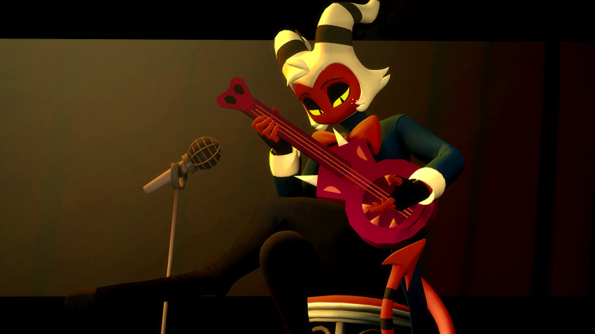 16:9 3d_(artwork) armada_(artist) bangs black_border black_stripes border bow_tie chair cinematic clothing crossed_legs demon digital_media_(artwork) electronics freckles furniture gloves guitar hair handwear helluva_boss hi_res hooves horn humanoid imp male microphone microphone_stand moxxie_(helluva_boss) moxxie_(valorlynz) musical_instrument on_chair on_stage performing playing_guitar playing_music plucked_string_instrument pointed_tail red_body red_skin red_tail relaxed_expression sitting sitting_on_chair sitting_on_stool smile solo stage stool string_instrument striped_horn stripes suit tail white_freckles white_hair white_horn widescreen yellow_eyes