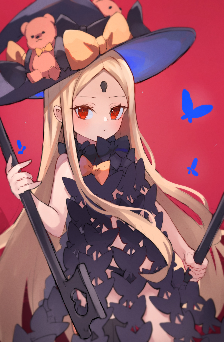 abigail_williams_(fate) abigail_williams_(second_ascension)_(fate) bare_shoulders black_bow black_hat black_panties black_thighhighs blonde_hair blush bow breasts bug butterfly fate/grand_order fate_(series) female forehead hairbow hat hat_bow highres keyhole long_hair looking_at_viewer miya_(miyaruta) multiple_hat_bows orange_bow panties parted_bangs polka_dot polka_dot_bow red_background red_eyes single_thighhigh small_breasts solo staff thighhighs thighs underwear witch_hat