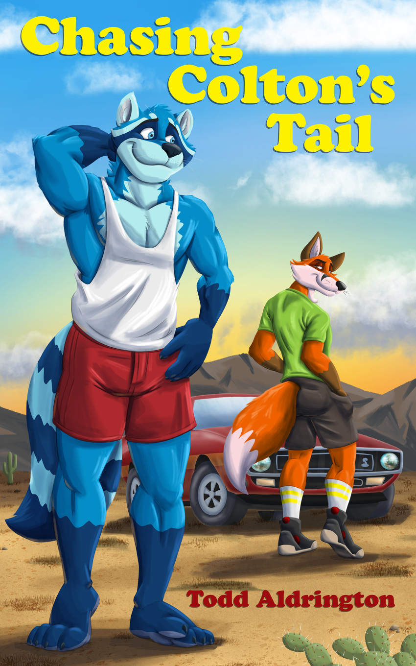 5:8 absurd_res anthro blue_body blue_fur canid canine car colton_vincent_(character) cooner duo feet fox fur hi_res male mammal novel procyonid raccoon red_body red_fur todd_aldrington_(character) vehicle