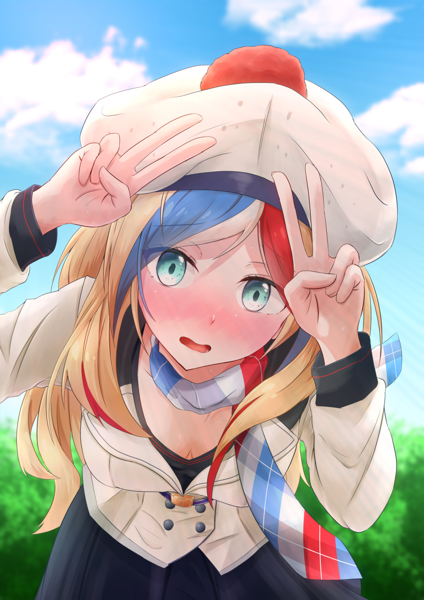 absurdres bad_id bad_pixiv_id beret blonde_hair blue_eyes blue_hair blue_sky blush breasts buttons commandant_teste_(kancolle) day double-breasted double_v female hat highres jacket kantai_collection long_hair long_sleeves manjukannon medium_breasts multicolored_clothes multicolored_hair multicolored_scarf nose_blush outdoors plaid plaid_scarf pom_pom_(clothes) red_hair scarf sky solo streaked_hair swept_bangs v wavy_hair white_hat white_jacket