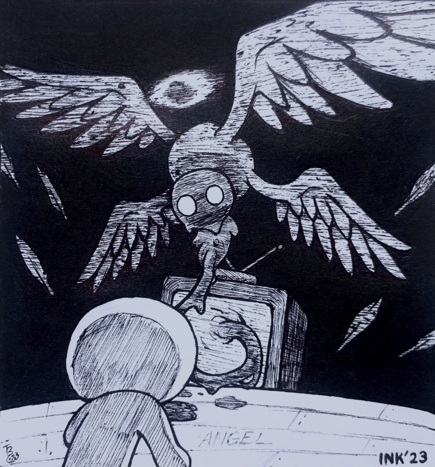 2023 absurd_res angel dogma_(tboi) duo electronics feathered_wings feathers flying halo hi_res inktober inktober_2023 looking_at_another signature television the_binding_of_isaac_(series) theblueberrycarrots traditional_media_(artwork) wings