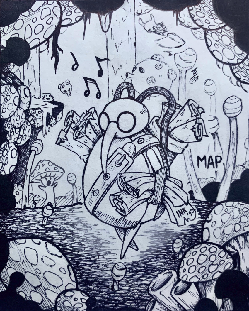 2023 absurd_res arthropod detailed_background eyewear fungus glasses hi_res holding_object hollow_knight inktober inktober_2023 monochrome mushroom musical_note paper scroll team_cherry theblueberrycarrots traditional_media_(artwork) walking