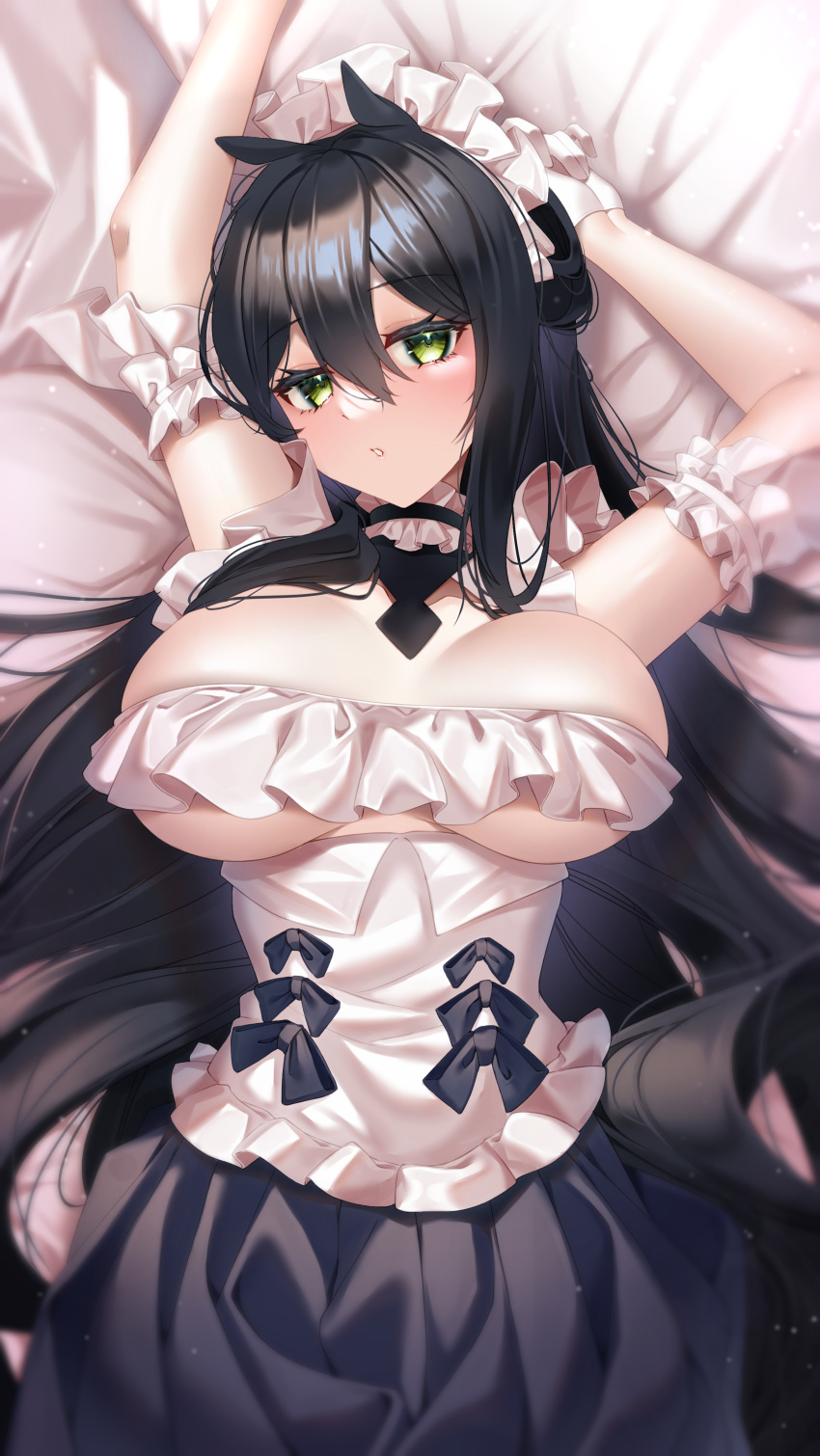 absurdres arms_up azur_lane black_hair black_skirt breasts choker female frilled_choker frills green_eyes hair_between_eyes highres indomitable_(azur_lane) indomitable_(ms._motivationless_maid)_(azur_lane) large_breasts long_hair looking_at_viewer lying maid maid_headdress official_alternate_costume on_back pleated_skirt seele0907 skirt solo very_long_hair