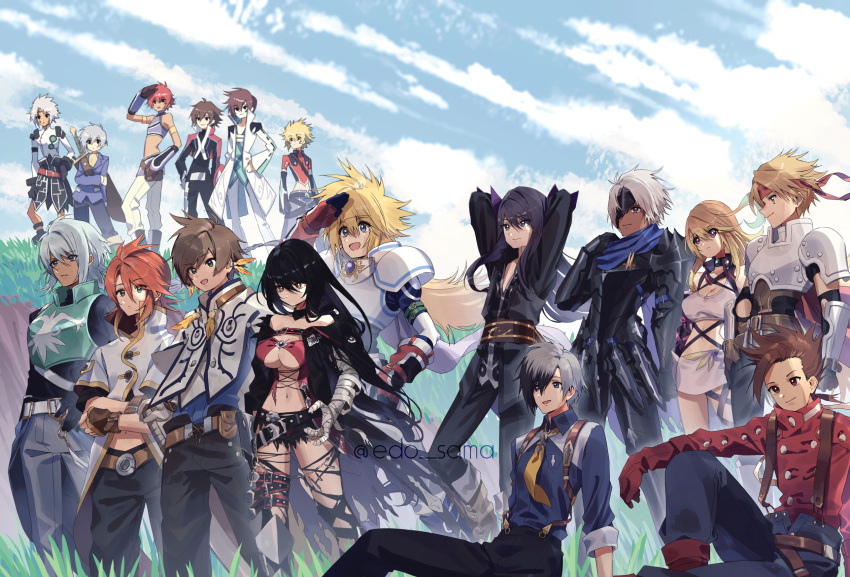 2girls 6+boys ahoge alphen_(tales) armor arms_behind_head asbel_lhant bandaged_arm bandages black_choker black_eyes black_hair blonde_hair blue_eyes blue_hair boots braid breasts brown_eyes brown_hair cape choker cleavage coat collarbone cress_albane crossed_arms dark-skinned_male dark_skin earrings edo-sama everyone feather_earrings feathers fingerless_gloves full_body gloves gradient_hair green_eyes green_hair group_picture hair_between_eyes hands_on_own_hips headband highres in-franchise_crossover jacket jewelry knee_boots kor_meteor kyle_dunamis lloyd_irving long_hair ludger_will_kresnik luke_fon_fabre mask medium_breasts midriff milla_maxwell multicolored_hair multiple_boys multiple_girls navel necktie on_grass one_eye_covered open_mouth outdoors pants red_cape red_eyes red_hair red_shirt reid_hershel ruca_milda senel_coolidge shading_eyes shirt short_hair shoulder_armor sidelocks sitting skirt smile sorey_(tales) spiked_hair stahn_aileron sword tales_of_(series) tales_of_arise tales_of_berseria tales_of_destiny tales_of_destiny_2 tales_of_eternia tales_of_graces tales_of_hearts tales_of_innocence tales_of_legendia tales_of_phantasia tales_of_rebirth tales_of_symphonia tales_of_the_abyss tales_of_vesperia tales_of_xillia tales_of_xillia_2 tales_of_zestiria torn_clothes twitter_username two-tone_hair underboob veigue_lungberg velvet_crowe very_long_hair weapon white_hair yellow_eyes yuri_lowell