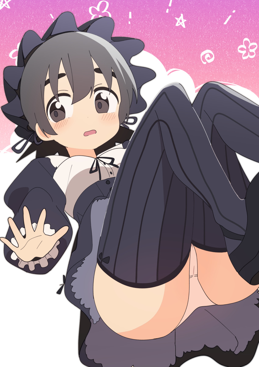 absurdres black_eyes black_hair black_skirt black_thighhighs blush breasts bural_chingu cameltoe commentary female frills high-waist_skirt highres korean_commentary looking_at_viewer luke_(dydansgur) maid maid_headdress open_mouth panties seong_mi-na_(bural_chingu) short_hair skirt small_breasts solo tareme thighhighs underwear upskirt white_panties