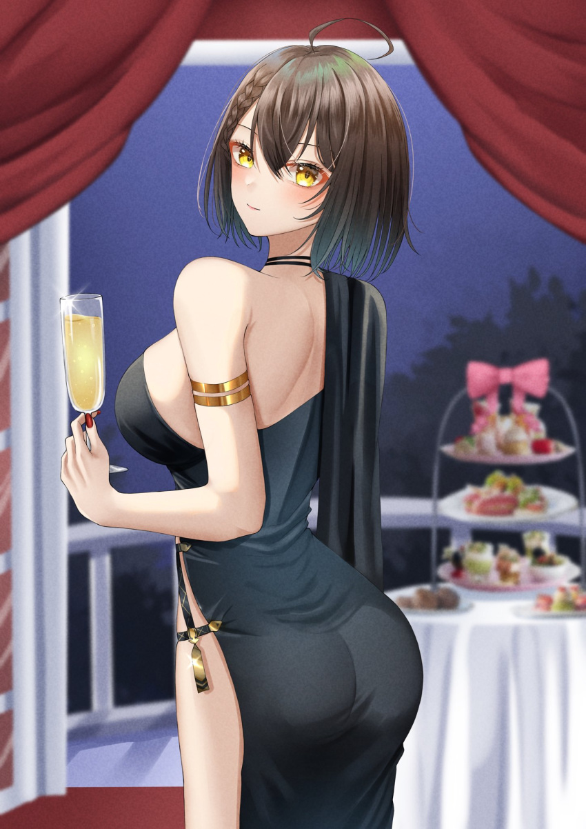 ahoge armlet ass azur_lane baltimore_(azur_lane) baltimore_(evening_breeze_minuet)_(azur_lane) black_choker black_dress braid breasts brown_hair champagne_flute choker commentary cowboy_shot cup dress drinking_glass female highres holding holding_cup konparu_uran looking_at_viewer official_alternate_costume short_hair side_slit single-shoulder_dress single_bare_shoulder solo standing tiered_tray yellow_eyes