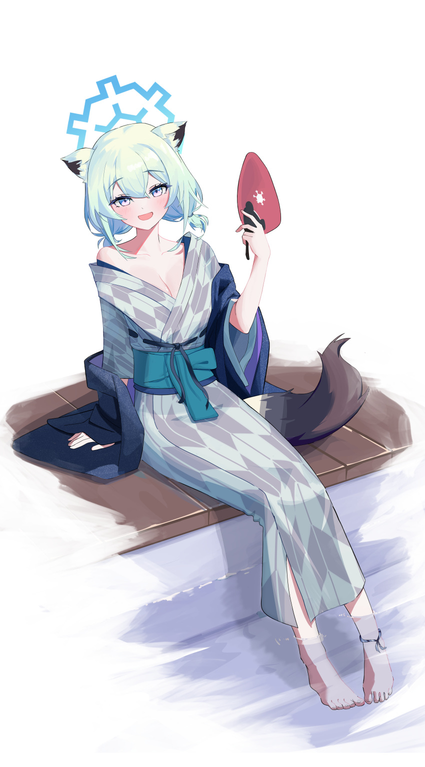 absurdres animal_ears ankle_ribbon aqua_hair ashiyu barefoot blue_archive blue_coat blue_eyes breasts cleavage coat collarbone commentary_request feet female foot_bath full_body gradient_eyes grey_kimono halo hand_fan highres holding holding_fan japanese_clothes kimono korean_commentary leg_ribbon loais looking_at_viewer low_twintails medium_breasts medium_hair multicolored_eyes obi off_shoulder onsen open_clothes open_coat open_mouth paper_fan purple_eyes ribbon sash shigure_(blue_archive) shigure_(hot_spring)_(blue_archive) sitting smile solo tail toes twintails weasel_ears weasel_girl weasel_tail yagasuri