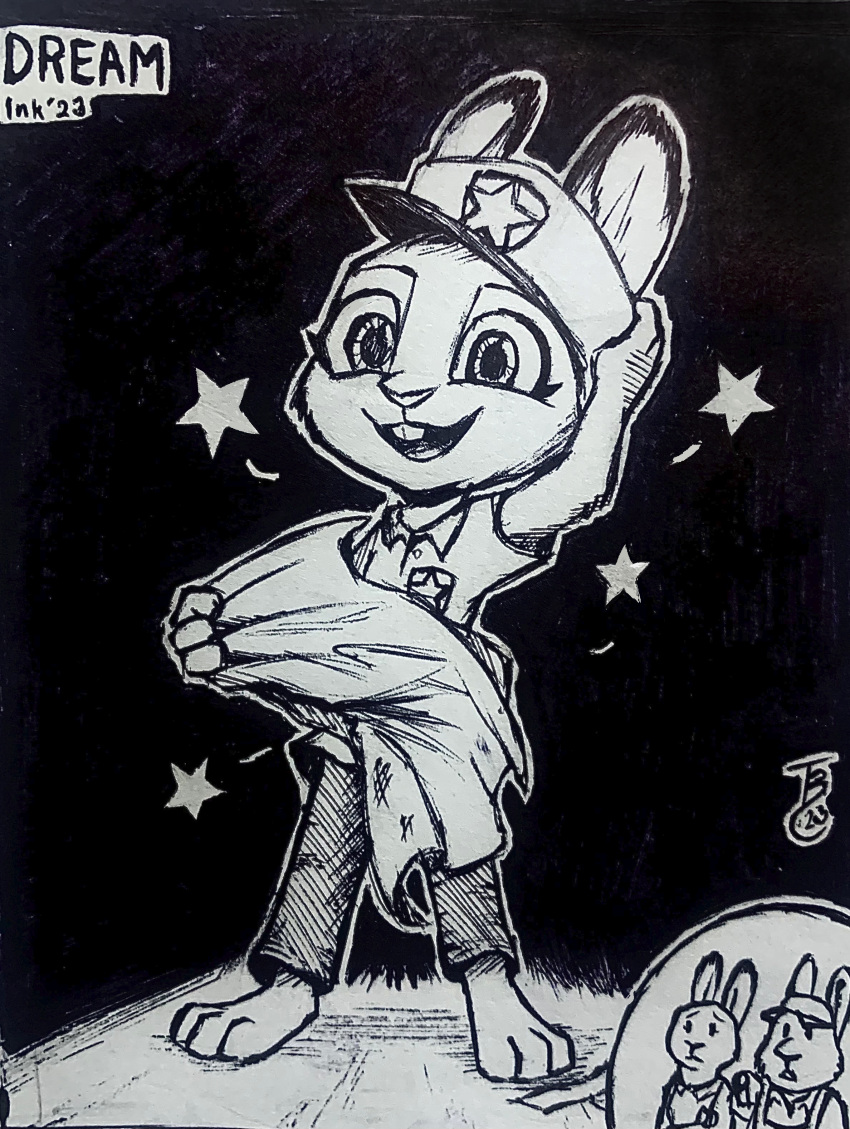 2023 absurd_res age_difference anthro bonnie_hopps buckteeth clothed clothing disney female fully_clothed hi_res inktober inktober_2023 judy_hopps lagomorph leporid looking_at_viewer mammal monochrome open_mouth open_smile rabbit smile standing stu_hopps teeth theblueberrycarrots traditional_media_(artwork) young younger_female zootopia