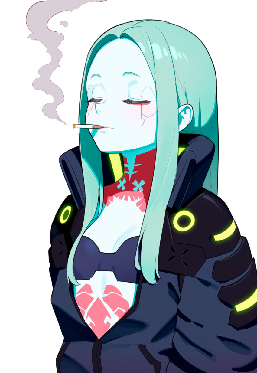 ai-generated aqua_hair bad_id bad_pixiv_id black_jacket blue_skin breasts cigarette cleavage colored_skin commentary cyberpunk_(series) cyberpunk_edgerunners female highres jacket lividy long_hair long_sleeves rebecca_(cyberpunk) simple_background small_breasts smoke smoking solo upper_body white_background