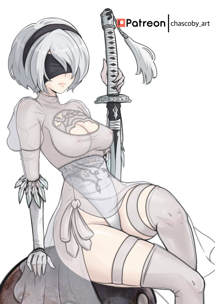 2b_(nier:automata) artist_name black_blindfold black_hairband blindfold bob_cut breasts chascoby cleavage commentary english_commentary female hairband highres holding holding_sword holding_weapon katana medium_breasts mole nier:automata nier_(series) nipples patreon_logo patreon_username see-through short_hair simple_background sitting smile solo sword thick_thighs thighhighs thighs weapon white_background white_hair