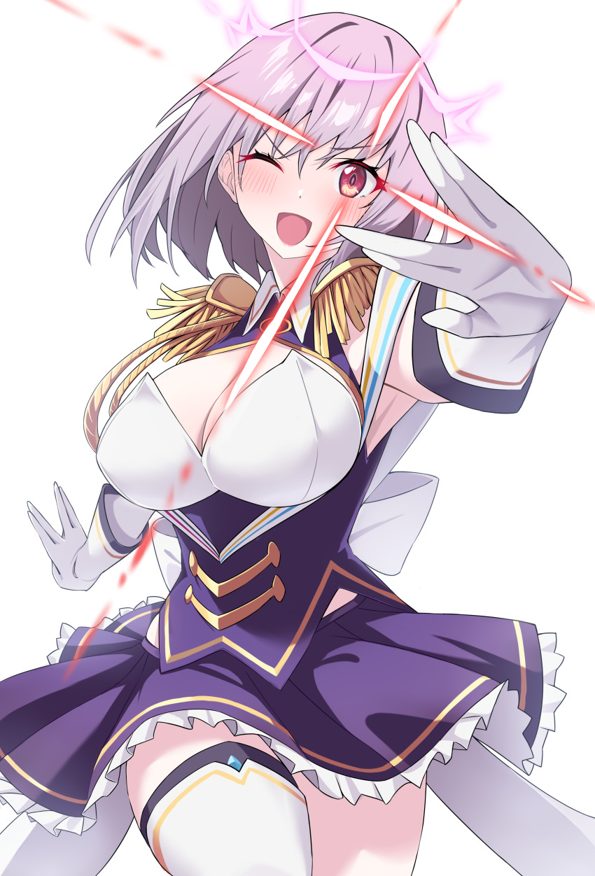 absurdres back_bow blush bow breasts cleavage commentary cowboy_shot epaulettes female frills gloves gridman_universe gridman_universe_(film) highres large_breasts mizumok1 official_alternate_costume one_eye_closed open_mouth purple_hair purple_skirt red_eyes shinjou_akane shinjou_akane_(new_order) short_hair simple_background skirt smile solo ssss.gridman thighhighs white_background white_bow white_gloves white_thighhighs zettai_ryouiki