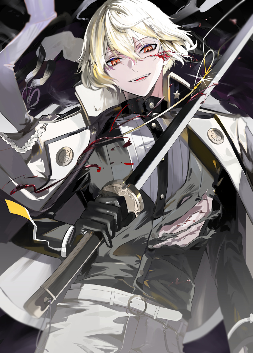 1boy absurdres belt bishounen black_gloves blonde_hair blood blood_on_face blood_splatter cuts facing_viewer fangs gloves grin hair_between_eyes higekiri_(touken_ranbu) highres holding holding_sword holding_weapon injury jacket jacket_on_shoulders katana kushiro_kuki male_focus orange_eyes pants shirt short_hair smile solo sword torn_clothes torn_shirt touken_ranbu upper_body weapon white_belt white_pants